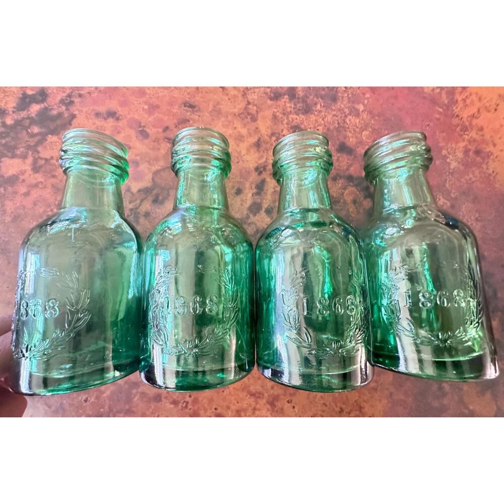 Vintage 1868 Green Glass Bottles - Set of Four